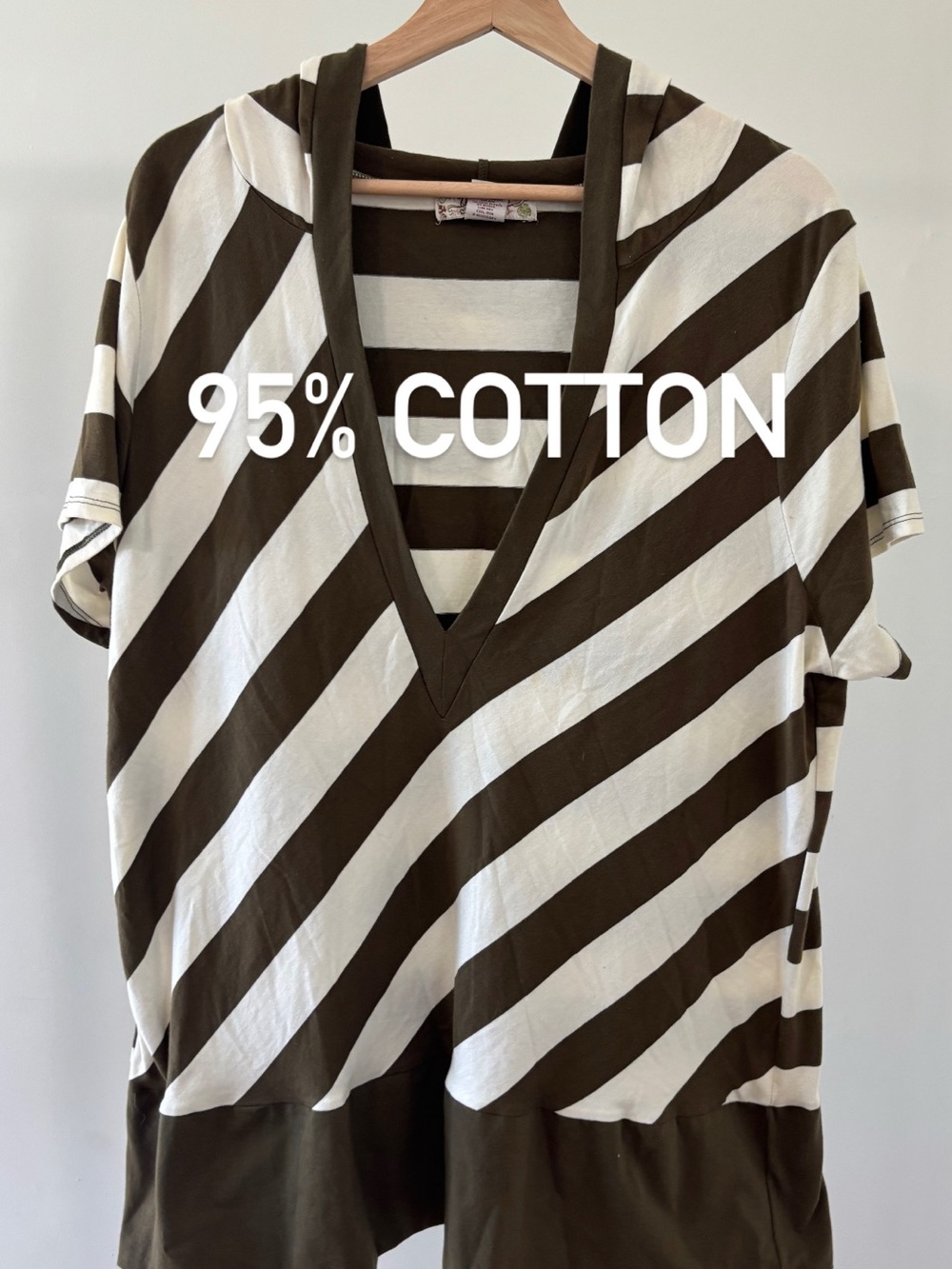 Younique Olive & White Diagonal Stripe V-Neck Tee with Hood | Cotton